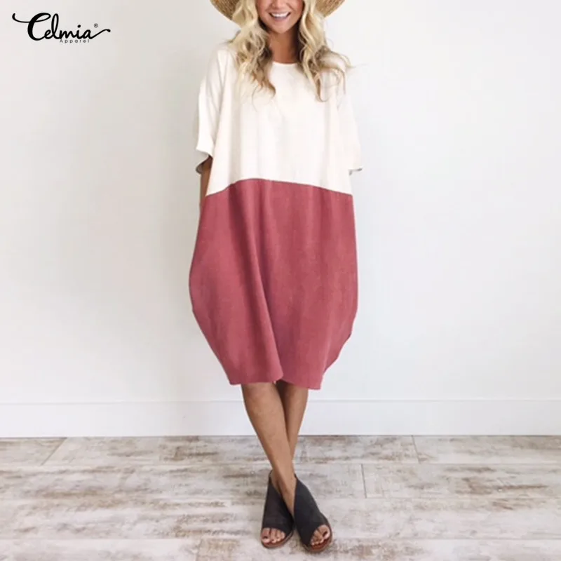 Najtaniej 2019 Celmia kobiety w stylu Vintage lniana sukienka ubrania damskie dorywczo luźne sukienki patchwork O szyi pół rękawa Baggy sukienki Plus rozmiar