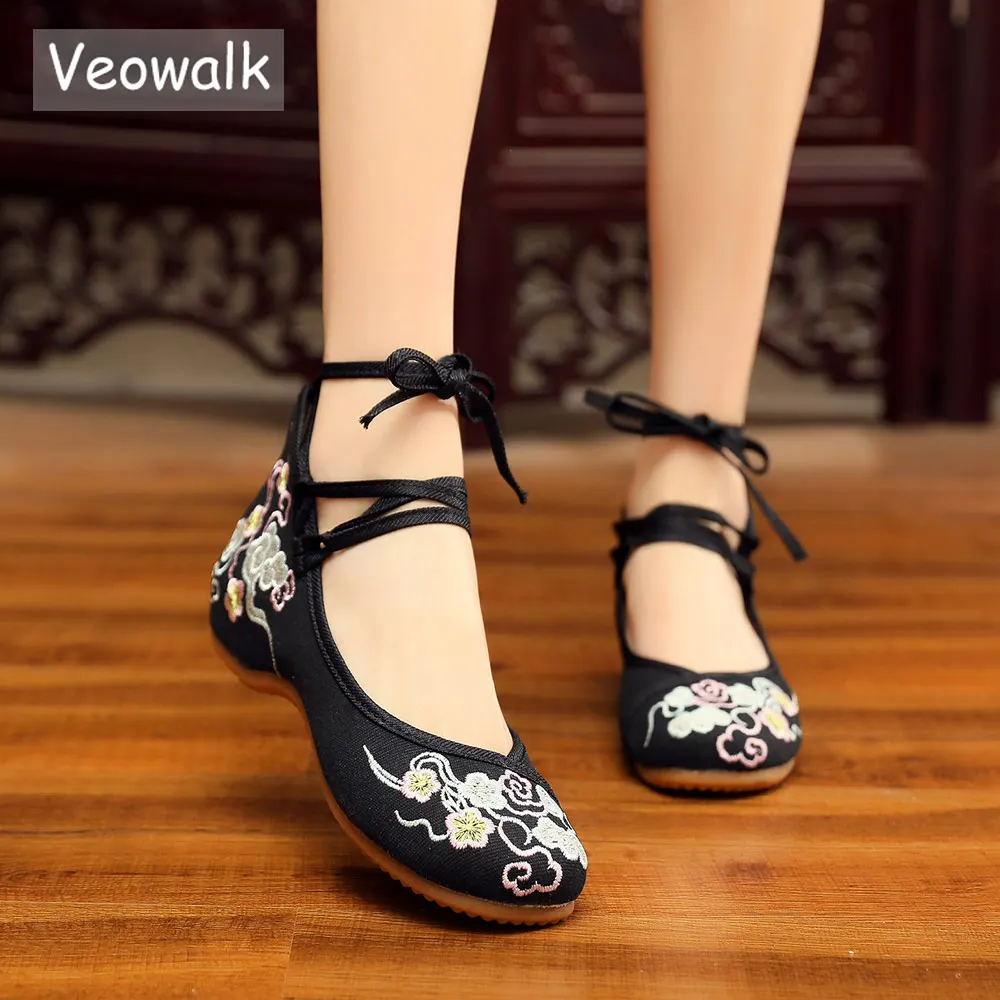Женские холщовые балетки Veowalk с ремешком на щиколотке вышивкой в китайском стиле