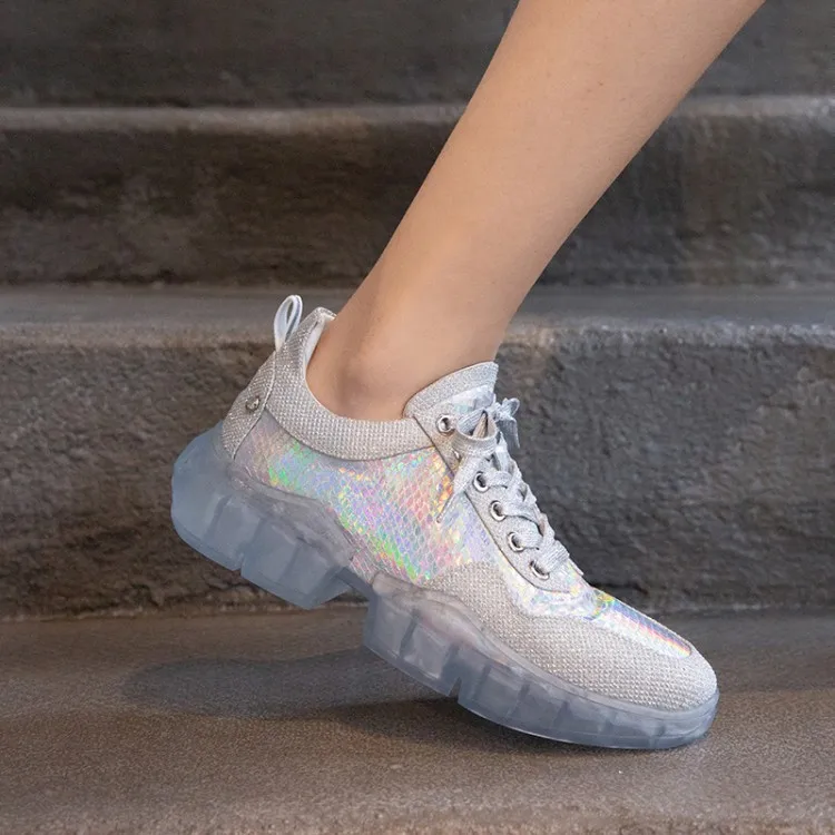 Silver Bling vulcanize shoes woman rhinestone transparent Genuine Leather platform sneakers women breathable casual shoes flats