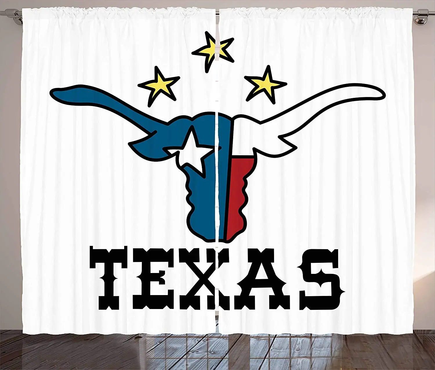 

Texas Star Curtains Doodle Style Buffalo Head with Horns Texas Flag and Vintage Letters Cowboy Theme Living Room Window Drapes