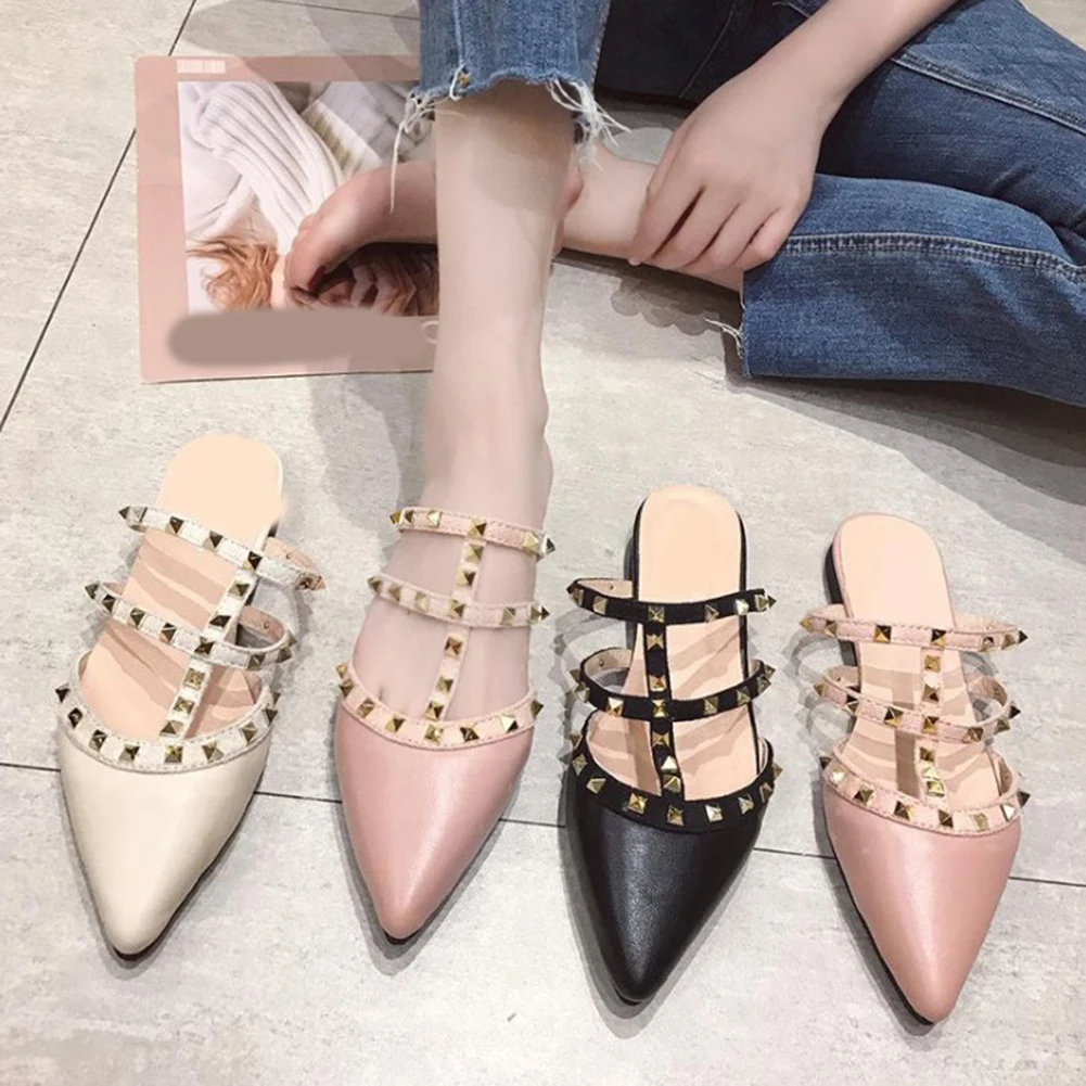 

Women's Fashion Luxury Rivet T-Strap Slippers 2019 Summer Slip On Pointed Toe Mid-heeled Mules Slides Loafers Beach Party Shoes