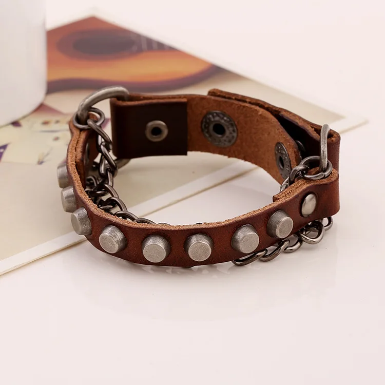 

Trendy Gypsy Hippie Punk Brown Real Cow Leather Riverts Metal Snake Chain Charm Wrap Unisex Wide Big Adjustable Bracelet Bangle