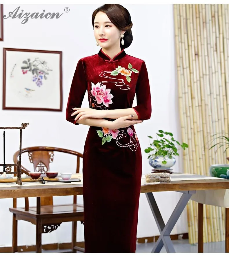 Зимние Модные бархатные Cheongsam современный длинные китайские традиционные платья Qipao Свадебные классические Для женщин Платье Ципао велюр