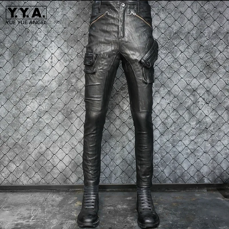 Mannen Lederen Broek Motorfiets Slanke Schapenvacht Geplooide Potlood Broek Luxe Multi-Pocket Vintage Punk Biker Broek Zwart Mannen Lederen Broek Motorfiets Slanke Schapenvacht Geplooide Potlood Broek Luxe Multi-Pocket Vintage Punk Biker Broek Zwart