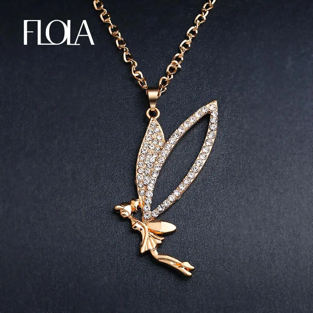 

FLOLA Cute Flying Fairy Necklace Gold Long Chain Crystal Angel Necklaces Pendants for Women Girls Fashion Jewelry nkea01
