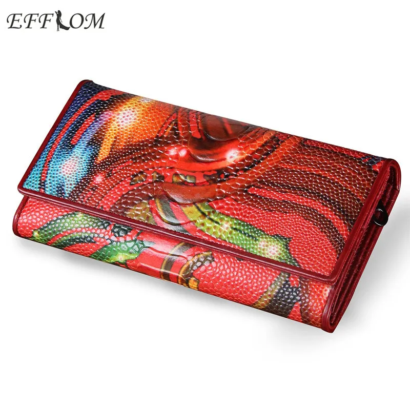 

Fashion Genuine Leather Women Wallet Vintage Flower Printed Floral Red Wallets Ladies' Long Clutches With Coin Purse Card Holder