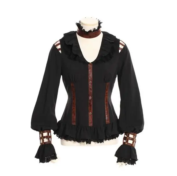 Женская викторианская блузка с длинными рукавами в стиле стимпанк с чокером черного цвета SP105BK - Цвет: Черный