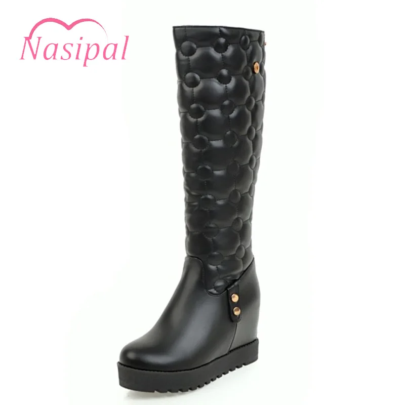 

Nasipal Wedge High Heel Mid Calf Snow Boots Women Winter Boots Fur Inside Zipper Black White Height Increasing Round Toe Shoes