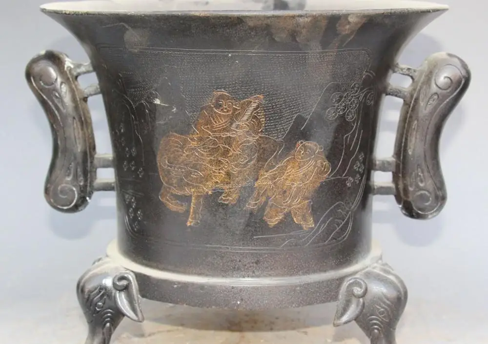 

Old Collection Chinese Pure Bronze Gilt Elephant Tongzi Incense Burner Censer
