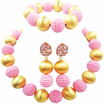 

Pink Nigerian Beads African Jewelry Set for Women Simulated Pearl Necklace and Earrings 1ZQLS13