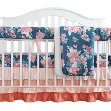 Комплект из 4 предметов, детская кроватка для девочек, юбка с рюшами, мини-одеяло, Персиковое цветочное детское постельное белье(темно-синий Коралловый Цветочный