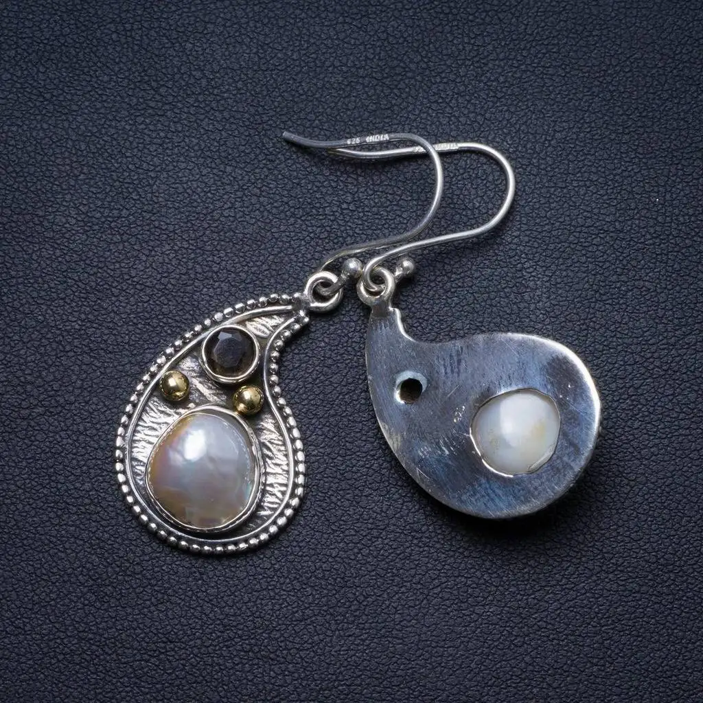 

Natural Biwa Pearl and Smoky Quartz Handmade Unique 925 Sterling Silver Earrings 1.5" X3955
