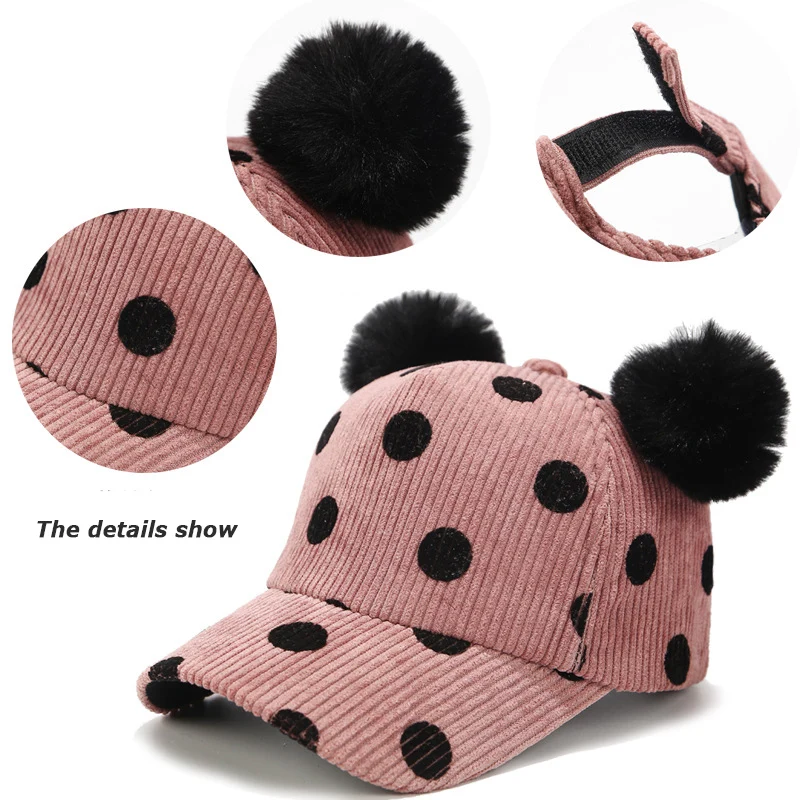 Dots Baby Baseball Hat Toddler Boy Girl Visor Cap Wide Brim Children Pompom Cap Corduroy Warm Fabrics Adjustable Size Infant Hat (9)