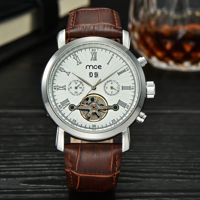 mce branded Men watch western watch white Tourbillon Date Vintage Mechanical Watch Free Shipping Relogio Masculino