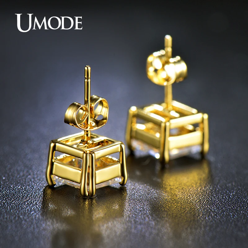 Umode 8 мм 2.5 карат Asscher огранка ясно цирконий позолоченные имитация алмаз сообщение стад серьги для женщин UE0187A