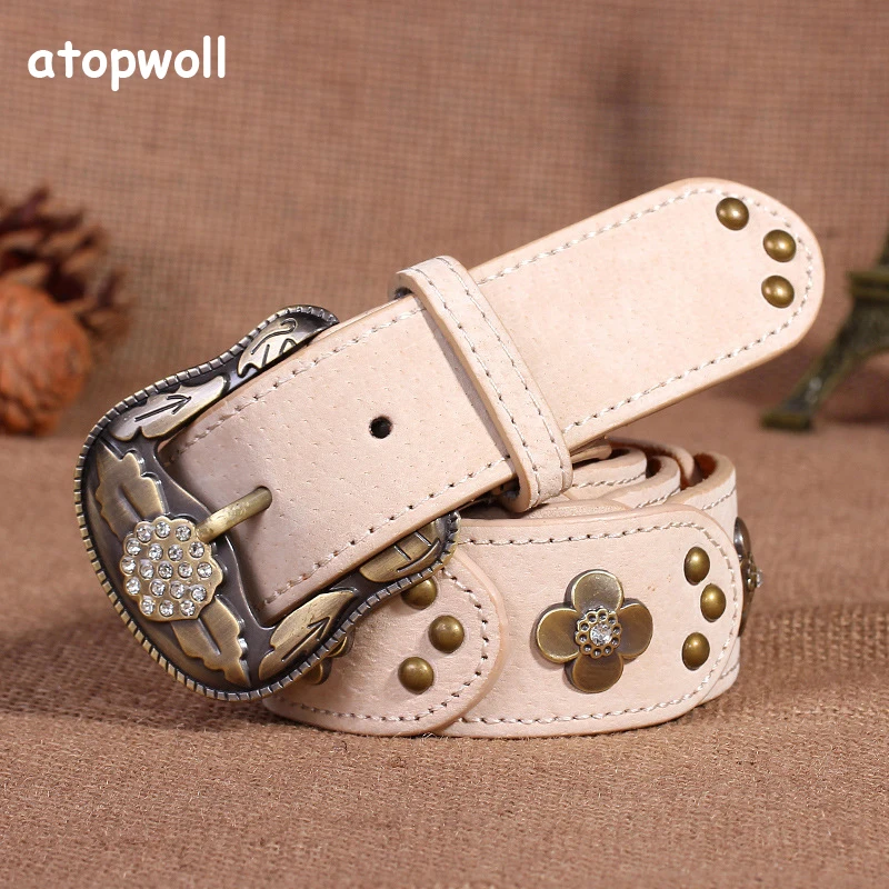

Korean Style Vintage Rhinestones Retro Ladies Leather Belts For Women jeans Patch Antique Belt Version Ceinture Femme Waistband