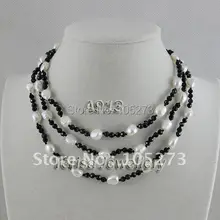 Новинка; ; A913# Класс АА 7-8 мм жемчуг 4 мм с украшением в виде кристаллов 46'inch(117 см) одинокий Цепочки и ожерелья черного цвета с украшением в виде кристаллов природный жемчуг Цепочки и ожерелья