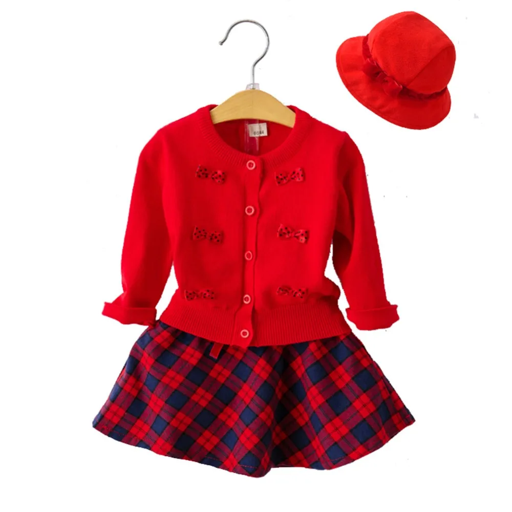 

New Kids Girls 3pcs Clothing Set, Girl Red Knit Cardigan, Plaid Skirts, Hat Cute baby girl clothes Princess girls outfits
