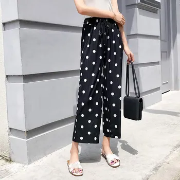 

2019 Summer Black Polka Dot Wide Leg Trousers Women Elastic High Waist Pleated Loose Plus Size Pants