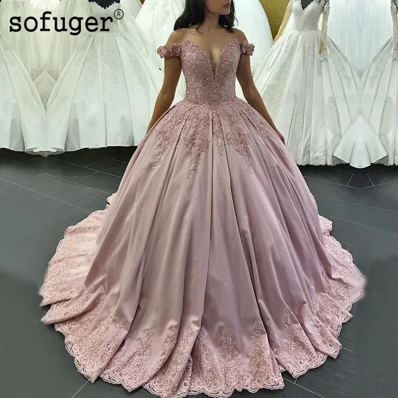 

Dark Pink Satin Wedding Dress 2019 Off The Shoulder Appliques Plus size Beaded V-neck Sexy Ball Robe De Mariage