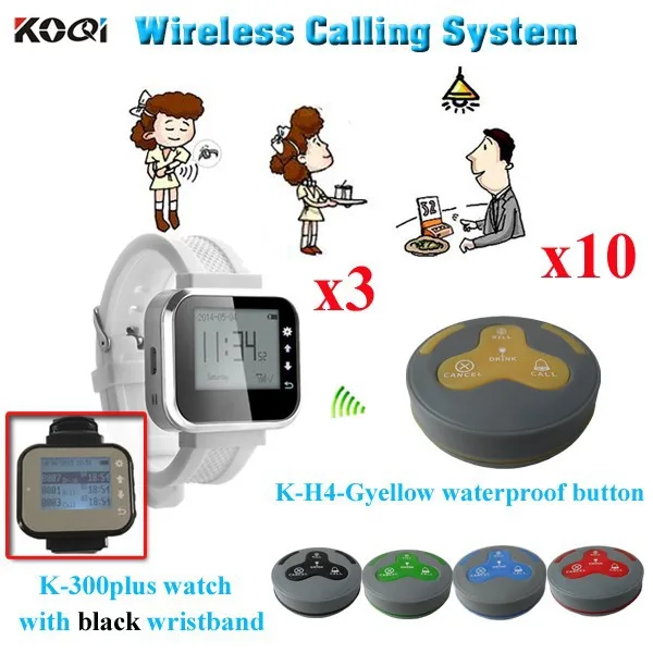 K-300plus+K-H4-Gyellow 3+10 Waiter Call System Restaurant Order Taking Device Vbrating Wireless System Call 3pcs K-300plus Watch Pager With 10pcs Table Call