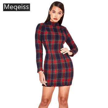 

MEQEISS New Spring Celebrity Evening Party Dress Women Vestidos Sexy Long Sleeve Plaid O Neck Mini Runway Bodycon Club Dress
