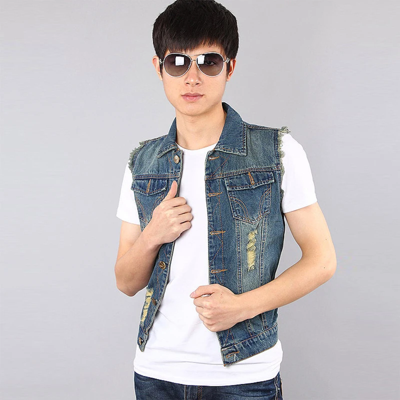 

Ripped Men's Denim Vest Jean Jacket Hip Hop Jean Coats Waistcoat Plus Size 6XL Men Cowboy Brand Sleeveless Jacket Male Tank