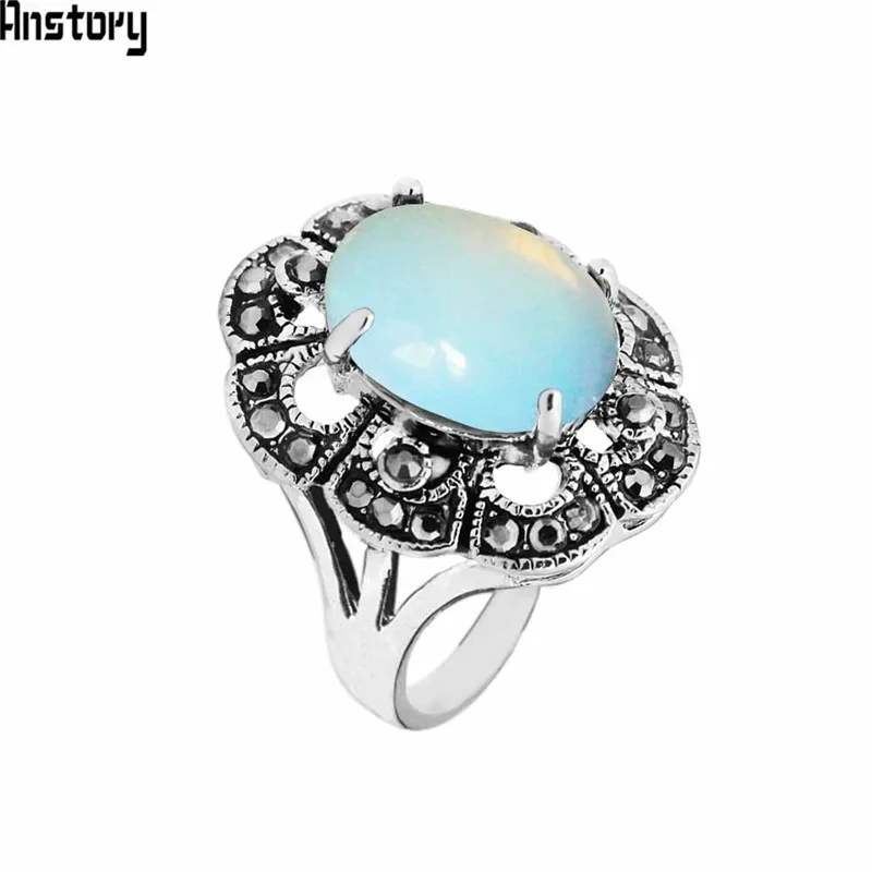 Oval Transparent Opal Rings For Women Antique Silver Plated Rhinestone Plum Flower Vintage Jewelry TR706