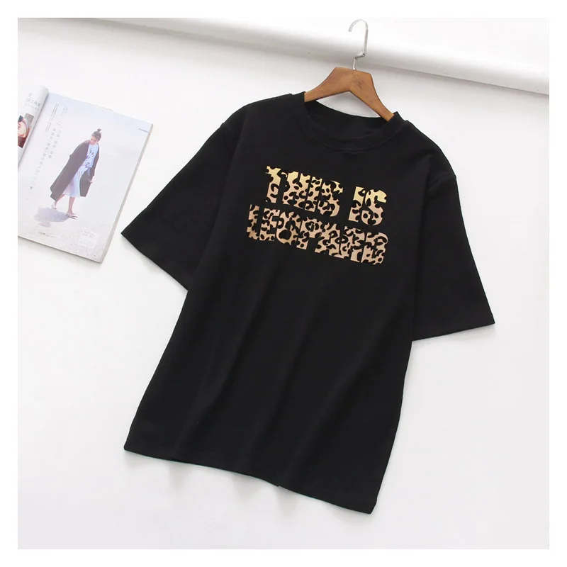 

Korean women's clothing Summer and autumn round neck leopard letter printing short sleeve Simple stitching Printed head T-shirt