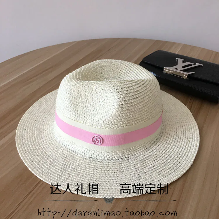 الأزياء اللونين الوردي الشريط قبعة القش الإناث قبعة أنيقة شاطئ كاب الصيف الشمس التظليل ، مزدوجة الوردي شعار معدني