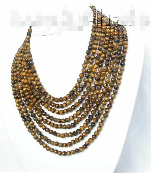 

FREE SHIPPING>@@> Genuine AAA natural 8row 17" Tiger's eyes bead necklace 925sc clasp j4009Noble style Natural Fine jewe fast SH