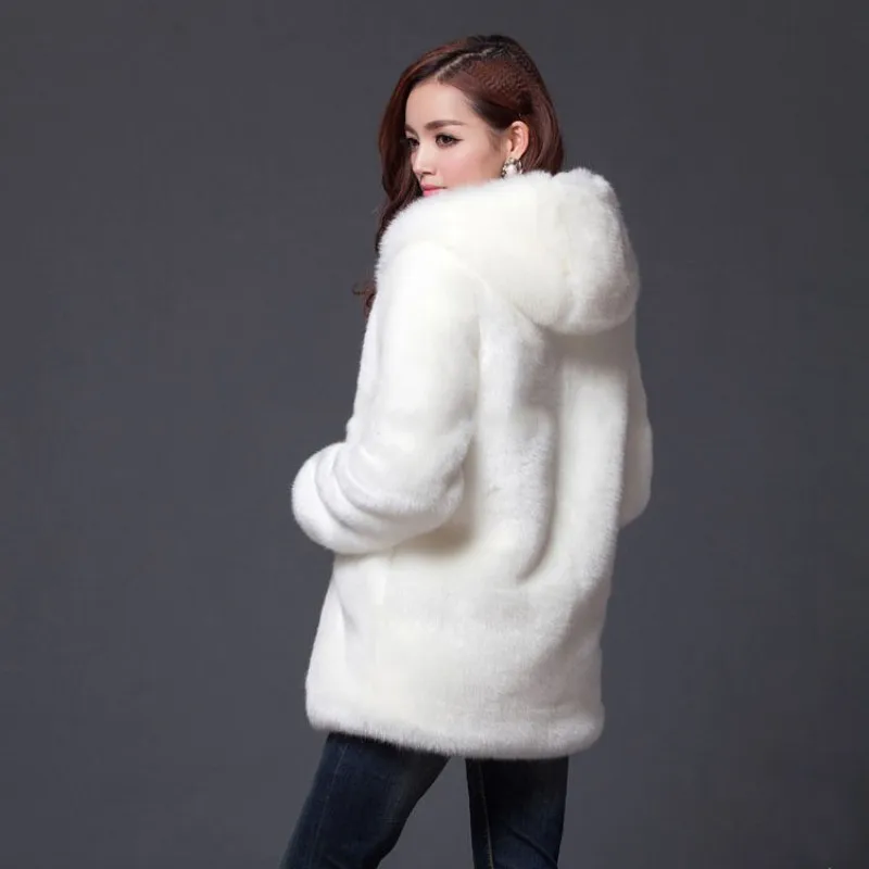 Warm Winter Thick Fur Women Faux Fur Coat Medium-long Hooded Rabbit Fur Coats Jackets Plus Size M-3XL White Black 2755 Warm Winter Thick Fur Women Faux Fur Coat Medium-long Hooded Rabbit Fur Coats Jackets Plus Size M-3XL White Black 2755