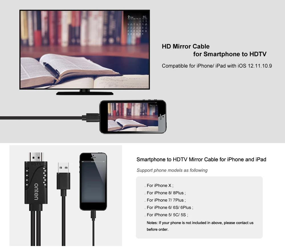 Onten HDMI конвертер для Apple Lightning в HDMI кабель адаптер USB HDMI ТВ Цифровой AV адаптер для iPhone X 8 7 6S 5 iPad Pro Air