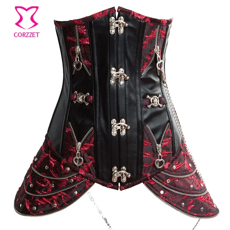 

Red and Black Steampunk Skirted Corsets Steel Boned Waist Trainer Corset Underbust Sexy Corpetes E Espartilhos Gothic Clothing