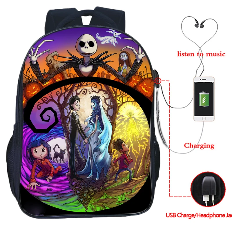 The Nightmare Before Christmas Backpack USB Charging Backpack Jack Skellington School Bag Backpacks Multifunctional Travel Bags