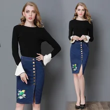 Новинка, средняя длина, открытая набедренная Юбка Джинсы с вышивкой, юбка для женщин, лето