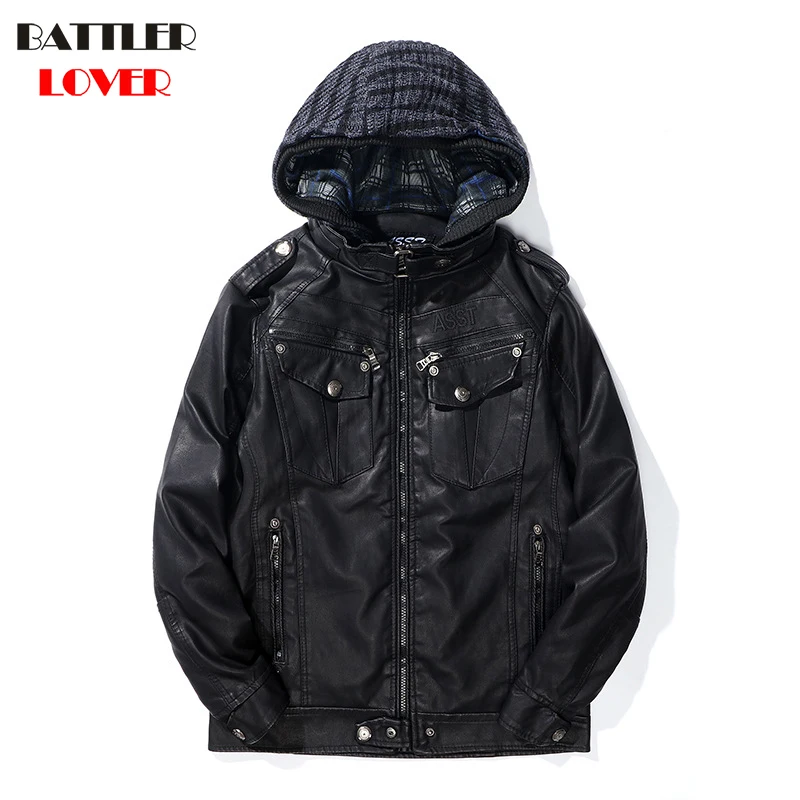 

2018 Mens Leather Fleece Coat Winter Faux Leather Warm Outwear Hooded Coats Men Punk Parka Jackets Hombre PU Overcoat Clothing
