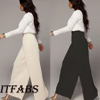 

New Fashion Women Pants OL Office Loose Stretch High Waist Wide Leg Long Pants Khaki Black Casual Pleated Trousers