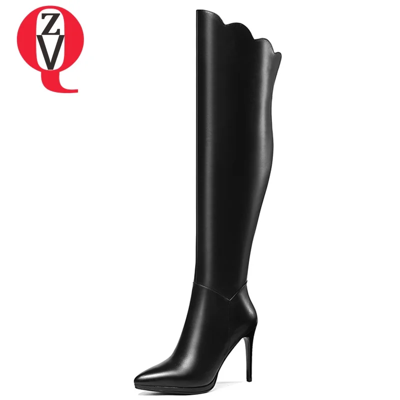 

ZVQ 2018 new fashion sexy pointed toe zip super high thin heels genuine leather women shoes winter outside party over knee boots