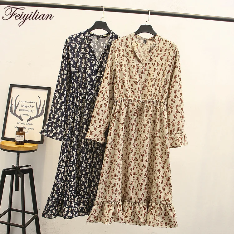 

plus size women V neck floral print maxi dress bow tie sashes long sleeve pleated vintage casual chic dresses vestidos