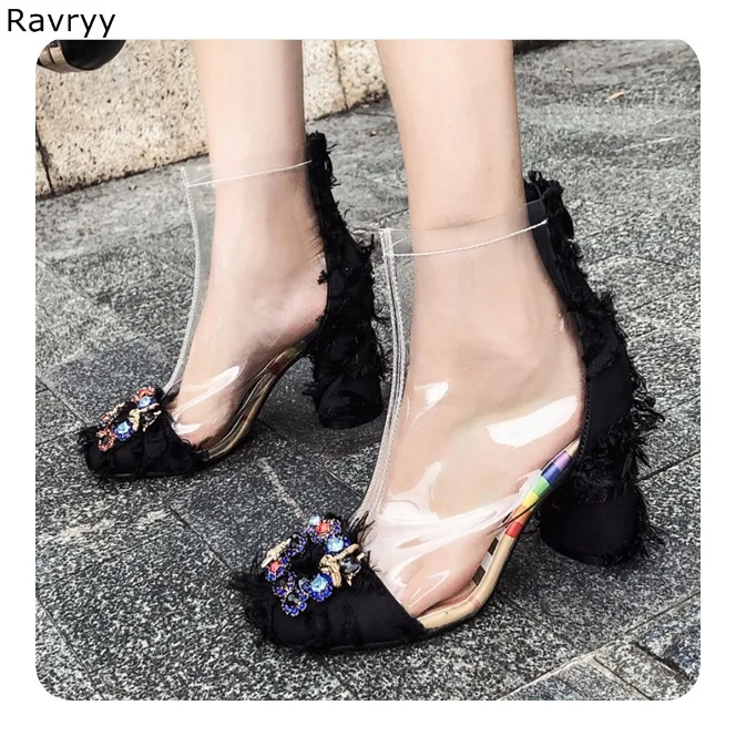 

Woman's short boots Colorful Crystal PVC ankle boots Ins Fashion summer autumn female shoes square heel transparent dress shoes