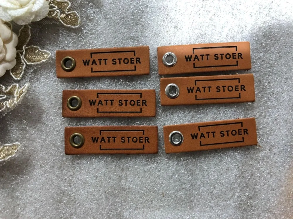 Customized leather label, PU leather label, PU patch, debossed / embossed logo leather tags with copper silver eyelet