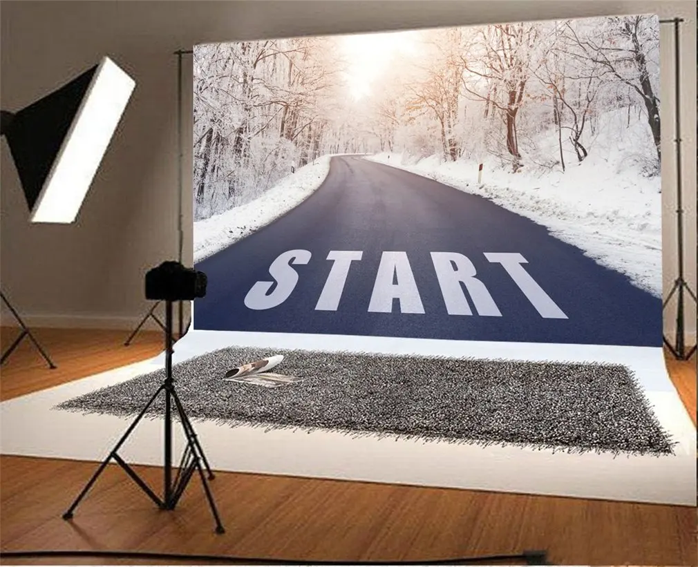 

Photography Backdrop Snow Christmas Trees Highway Start Winter Happy New Year Photo Background Party