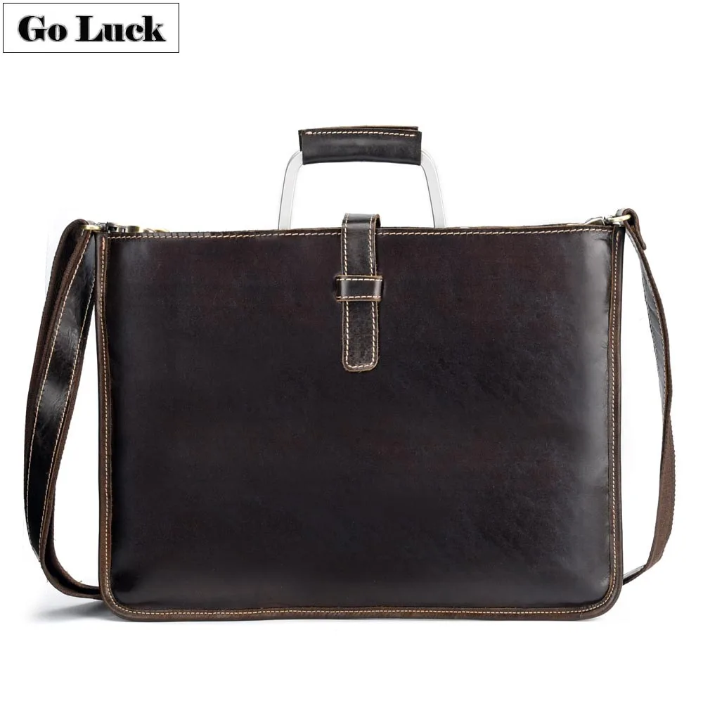 

GO-LUCK Alloy Metal Top-Handle Genuine Leather Handbag 14' Briefcase Unisex Crossbody Shoulder Bag Woman Man Messenger Bags