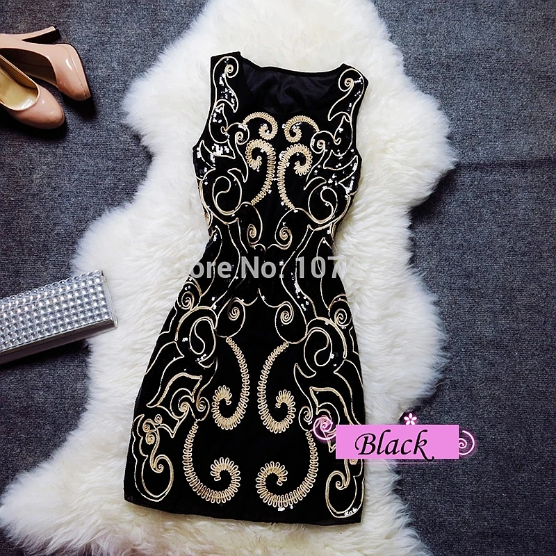 

Woman Embroidery Party Dress 2017 Summer New Vintage Women's Handed Sequins Slim Dress Sleeveless Sexy Club Dress Free Shipping