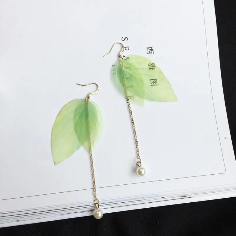 Embellishment Leaves Imitation Pearls Long Tassel Feather Earrings, dangle earrings,drop earrings,long earrings,crystal tassel earrings,pearl earrings,pendant earrings