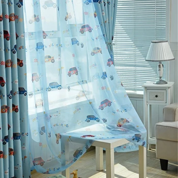 

Transparent Tulle Blackout Car Cartoon Boy Blue Curtains for The Living Room High Shading Drapes for Kids Boys Bedroom AG020&20