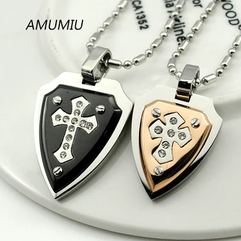 

AMUMIU 1 Pair Shield Cross Stainless Steel Pendant Necklace For Couple Jewelry Lover Gifts Romantic Crystal HZN121