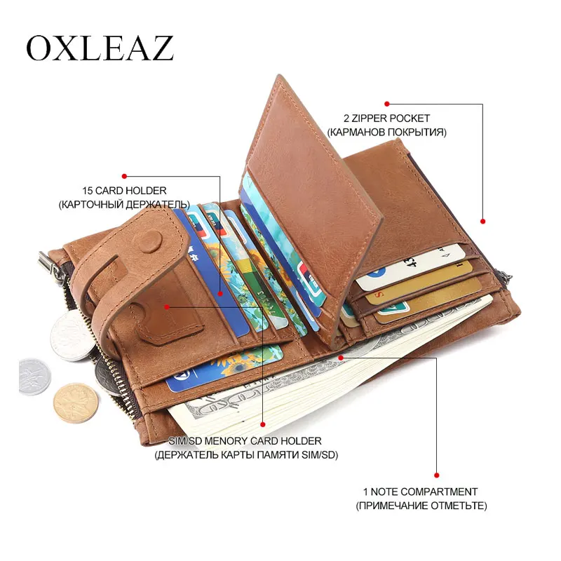 OXLEAZ Высокое качество RFID Винтажный Мужской кошелек монета сумка для денег двойная
