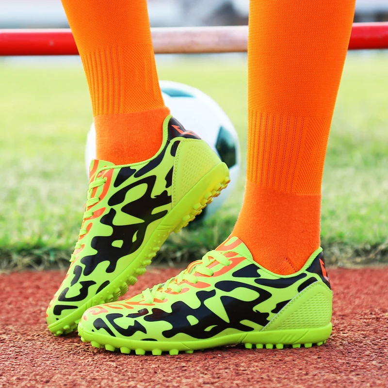 Горячие Turf для мужчин обувь для футбола бутсы лодыжки унисекс оранжевый желтый длинный шип кроссовки для футбола s бренд мальчиков Футбол